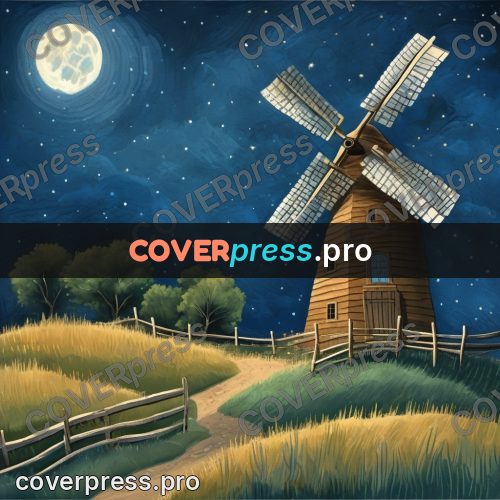 Gouache illustration: windmill at night in moonlight