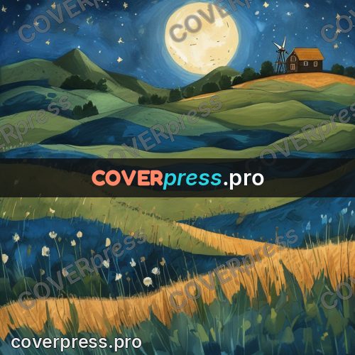 Gouache illustration: windmill at night in moonlight