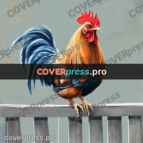 Gouache illustration: rooster on a wooden fence