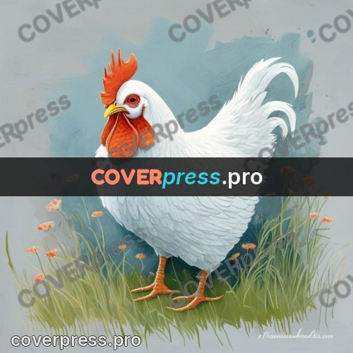 Gouache illustration: white hen in the grass