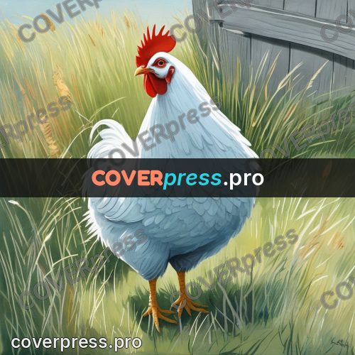 Gouache illustration: white hen in the grass