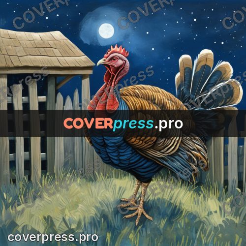 Gouache illustration: turkey by a fence at night