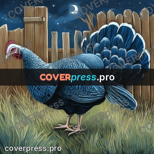 Gouache illustration: turkey by a fence at night