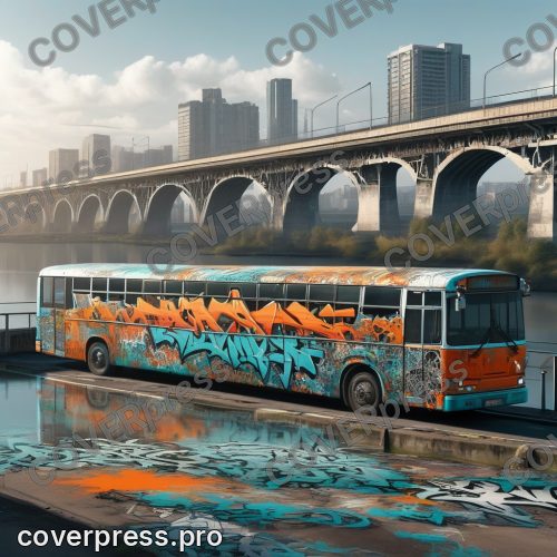 В стиле Граффити: расписанный автобус идёт по мосту, вдалеке он читается сплошным оранжево-бирюзовым мазком