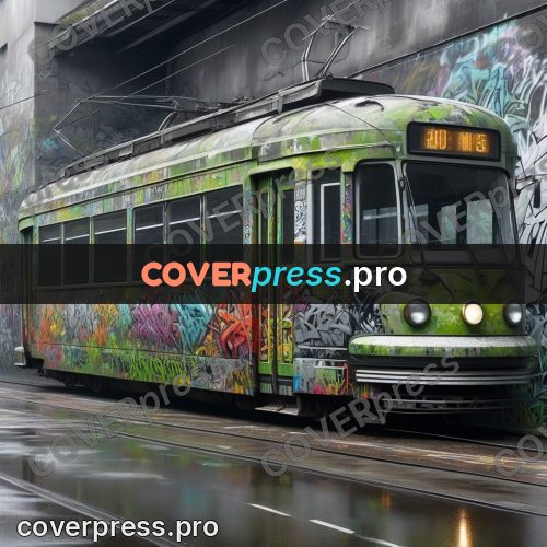 Graffiti illustration: sprayed tram by a wall
