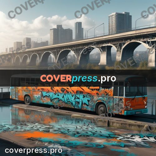 Graffiti illustration: bus by a river bridge