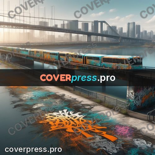 Graffiti illustration: bus by a river bridge