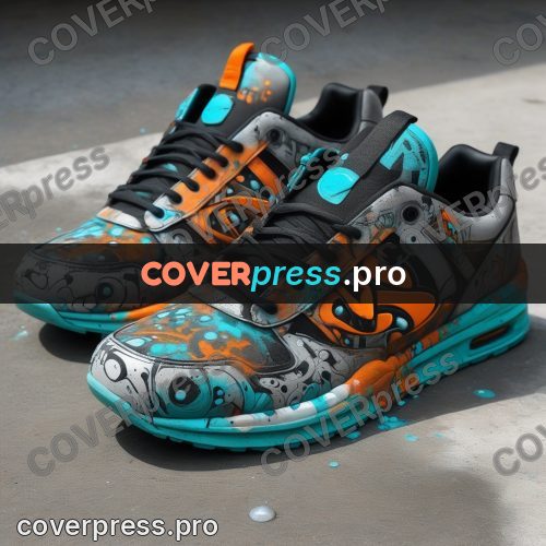 Graffiti illustration: sneakers in turquoise spray work