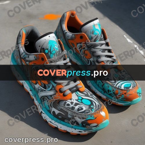 Graffiti illustration: sneakers in turquoise spray work