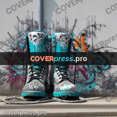 Graffiti illustration: turquoise boots by a wall