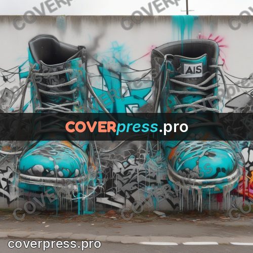 Graffiti illustration: turquoise boots by a wall