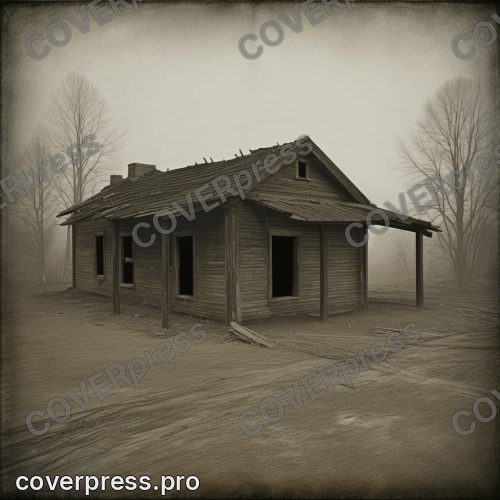 В стиле Гранж-отпечаток: обгоревший сруб без крыши стоит на пустыре, венцы обуглены до черноты, оконные проёмы