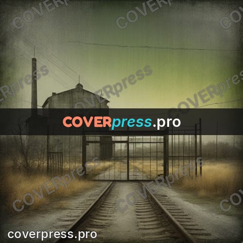 Grunge illustration: rails at a factory gate