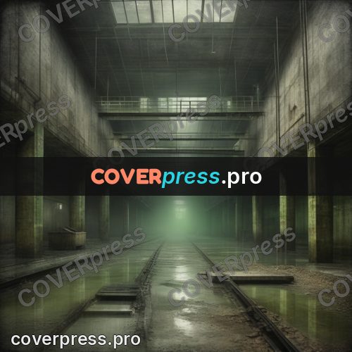 Grunge illustration: workshop hall with rails