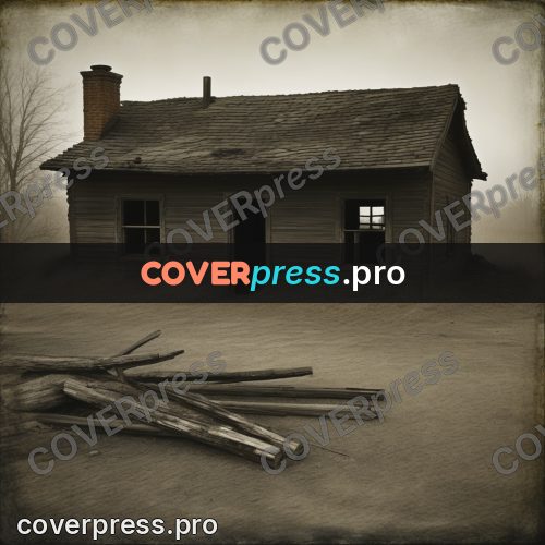 Grunge illustration: derelict wooden house in fog