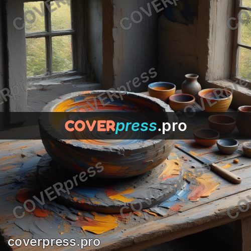 Acrylic illustration: potter's wheel with a bowl