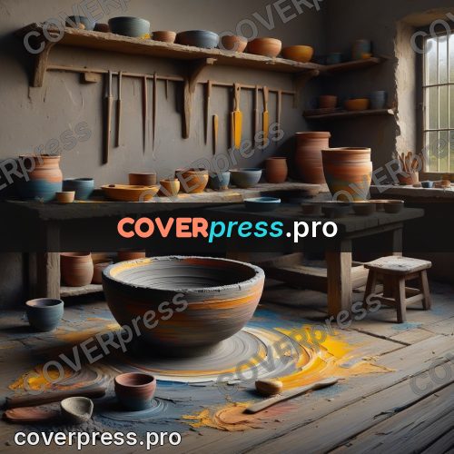 Acrylic illustration: potter's wheel with a bowl
