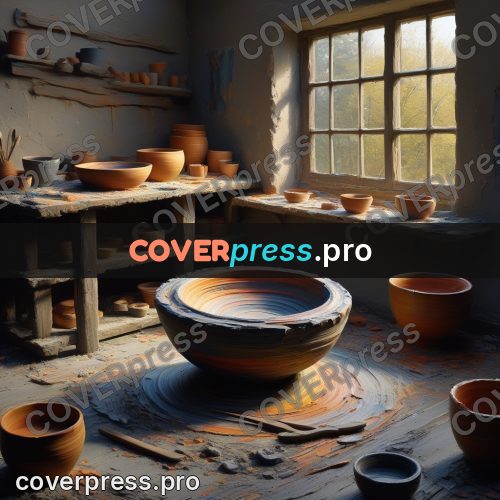 Acrylic illustration: potter's wheel with a bowl