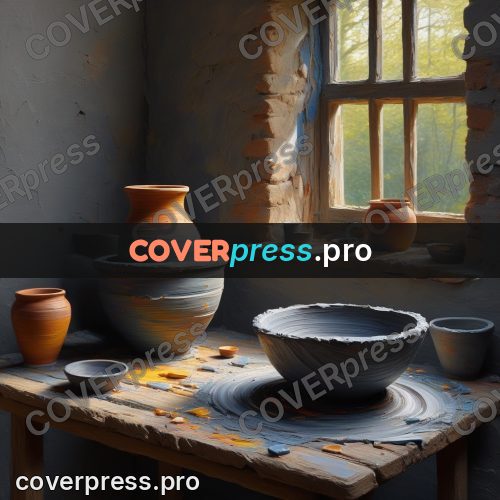 Acrylic illustration: potter's wheel with a bowl