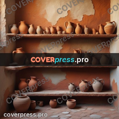 Acrylic illustration: shelves of clay jugs
