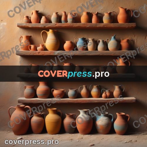Acrylic illustration: shelves of clay jugs