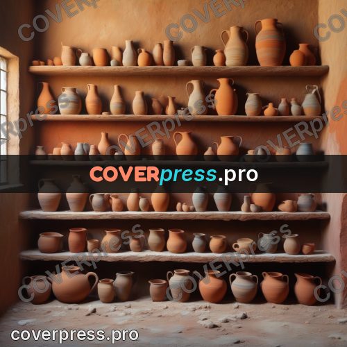 Acrylic illustration: shelves of clay jugs