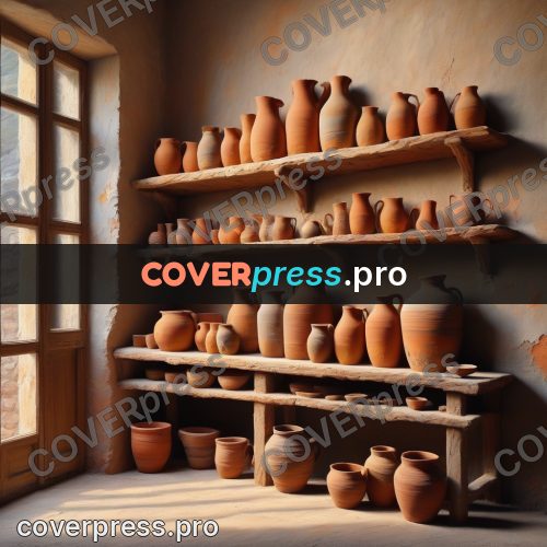 Acrylic illustration: shelves of clay jugs