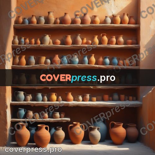 Acrylic illustration: shelves of clay jugs