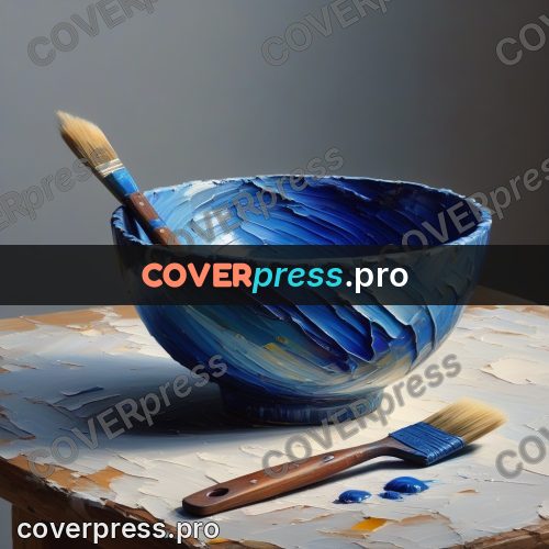 Acrylic illustration: blue bowl and a brush