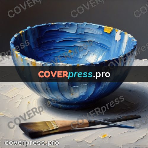 Acrylic illustration: blue bowl and a brush