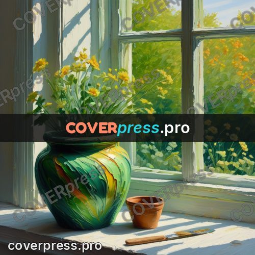 Acrylic illustration: green pot on a windowsill