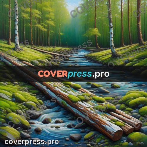 Acrylic illustration: log bridge over a forest stream