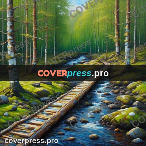 Acrylic illustration: log bridge over a forest stream