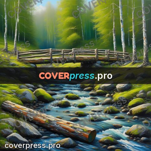 Acrylic illustration: log bridge over a forest stream
