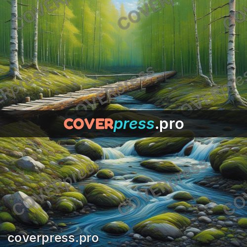 Acrylic illustration: log bridge over a forest stream