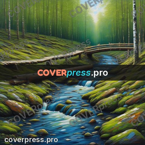 Acrylic illustration: log bridge over a forest stream