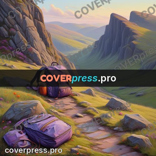 Acrylic illustration: backpack on a mountain trail