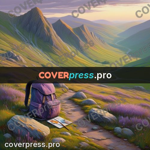 Acrylic illustration: backpack on a mountain trail