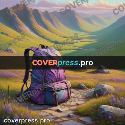 Acrylic illustration: backpack on a mountain trail