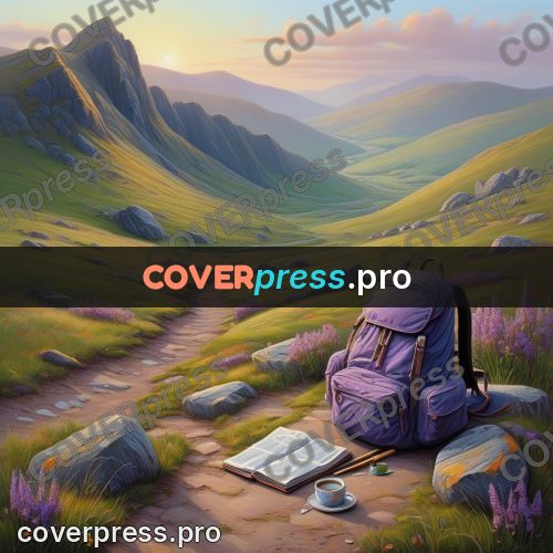 Acrylic illustration: backpack on a mountain trail
