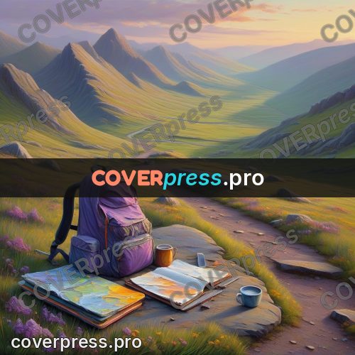 Acrylic illustration: backpack on a mountain trail