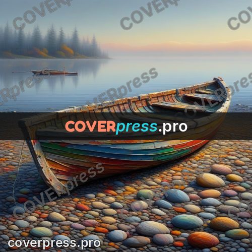 Acrylic illustration: wooden boat on a pebble shore