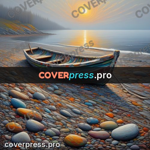 Acrylic illustration: wooden boat on a pebble shore