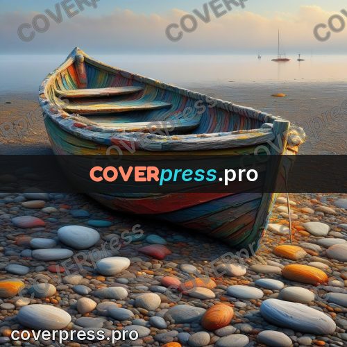Acrylic illustration: wooden boat on a pebble shore