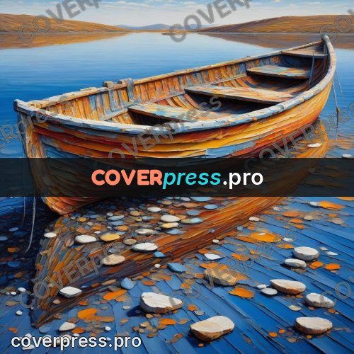 Acrylic illustration: boat by a blue lake