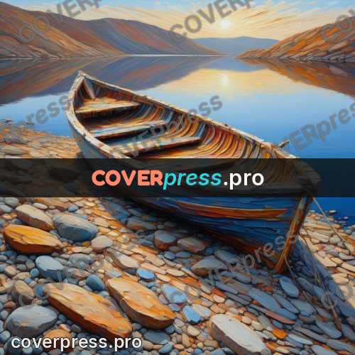 Acrylic illustration: boat by a blue lake