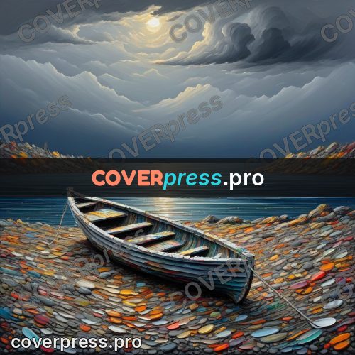 Acrylic illustration: boat on the shore under clouds