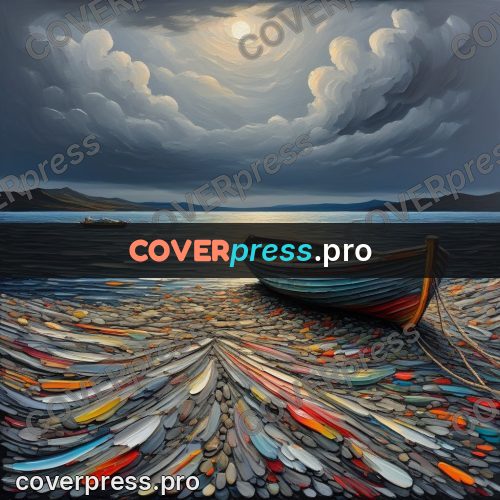 Acrylic illustration: boat on the shore under clouds