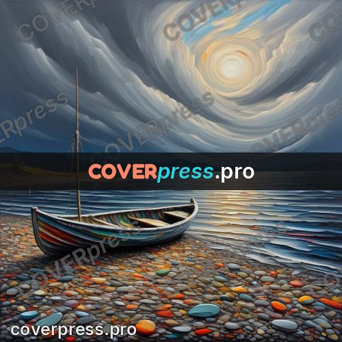 Acrylic illustration: boat on the shore under clouds