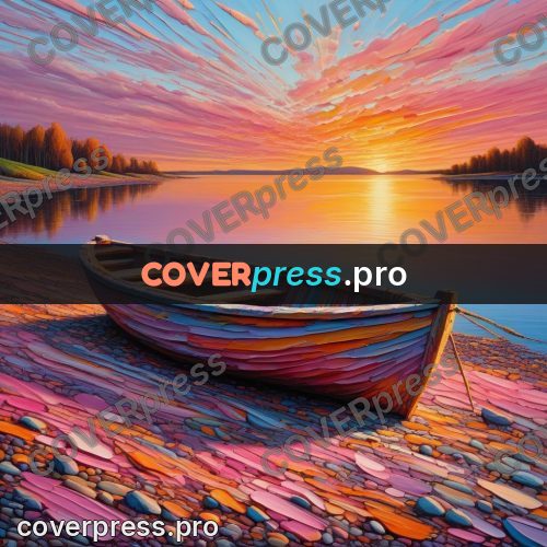 Acrylic illustration: boat on the shore at sunset
